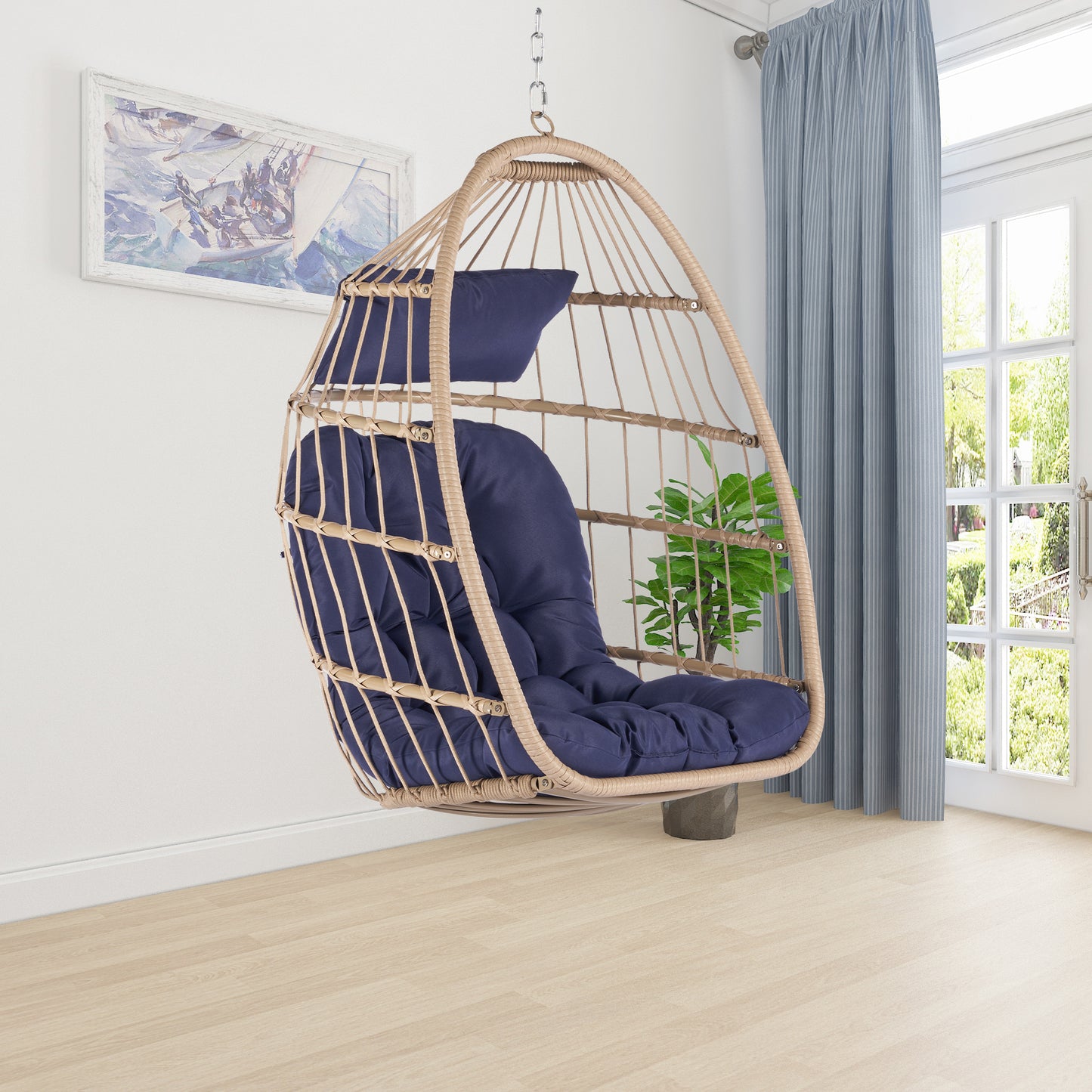 Outdoor Garden Rattan Egg Swing Chair Hanging Chair WOOD + DARK BLUE