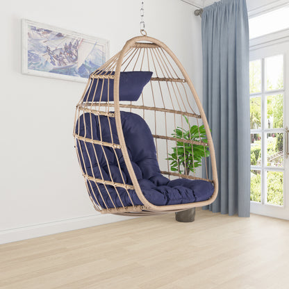 Outdoor Garden Rattan Egg Swing Chair Hanging Chair WOOD + DARK BLUE