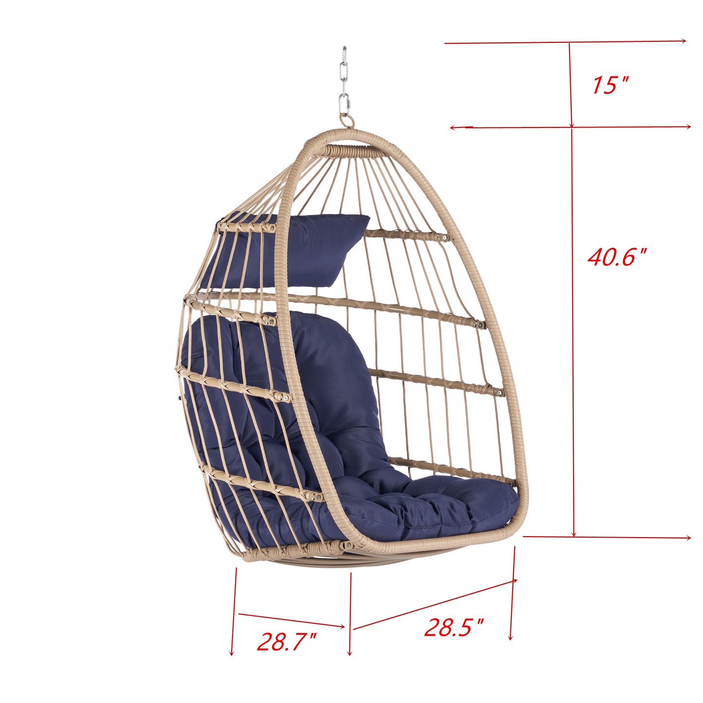 Outdoor Garden Rattan Egg Swing Chair Hanging Chair WOOD + DARK BLUE