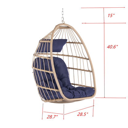 Outdoor Garden Rattan Egg Swing Chair Hanging Chair WOOD + DARK BLUE