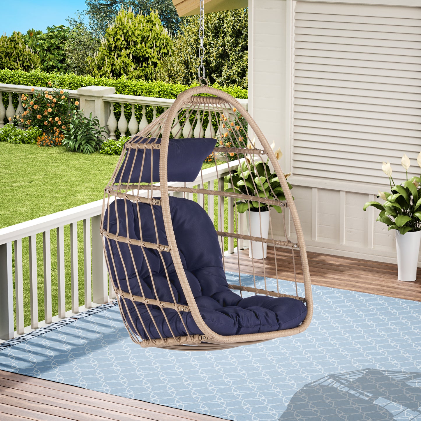 Outdoor Garden Rattan Egg Swing Chair Hanging Chair WOOD + DARK BLUE