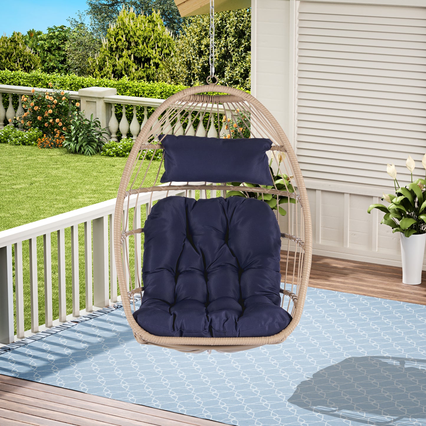 Outdoor Garden Rattan Egg Swing Chair Hanging Chair WOOD + DARK BLUE