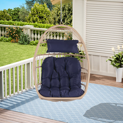 Outdoor Garden Rattan Egg Swing Chair Hanging Chair WOOD + DARK BLUE