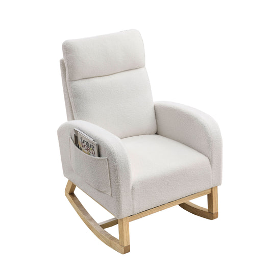Welike 27.6"W Modern Accent High Backrest Living Room Lounge Arm Rocking Chair, Two Side Pocket ,Teddy White (Ivory)