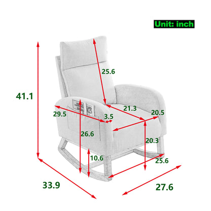Welike 27.6"W Modern Accent High Backrest Living Room Lounge Arm Rocking Chair, Two Side Pocket ,Teddy White (Ivory)