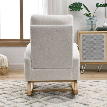 Welike 27.6"W Modern Accent High Backrest Living Room Lounge Arm Rocking Chair, Two Side Pocket ,Teddy White (Ivory)