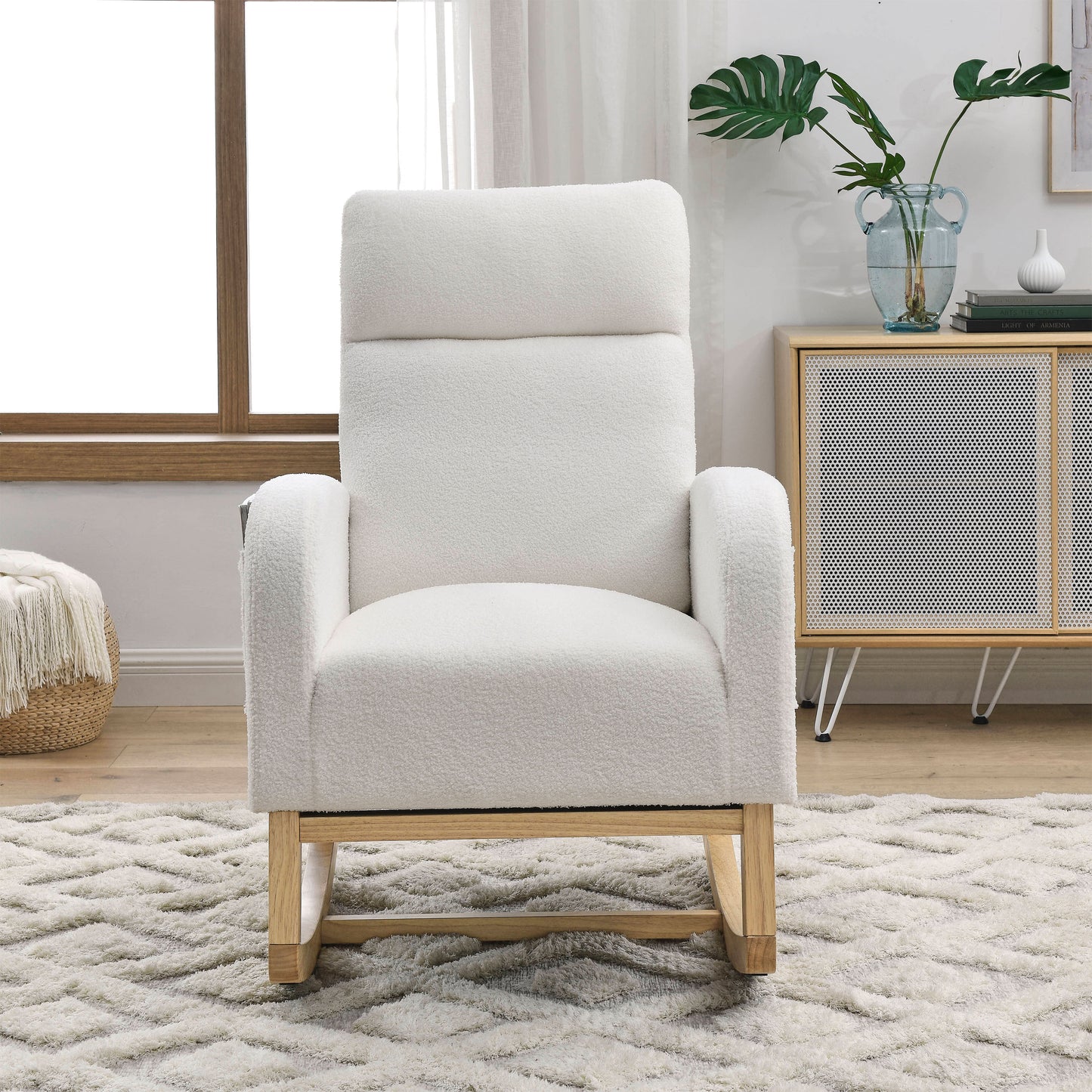 Welike 27.6"W Modern Accent High Backrest Living Room Lounge Arm Rocking Chair, Two Side Pocket ,Teddy White (Ivory)