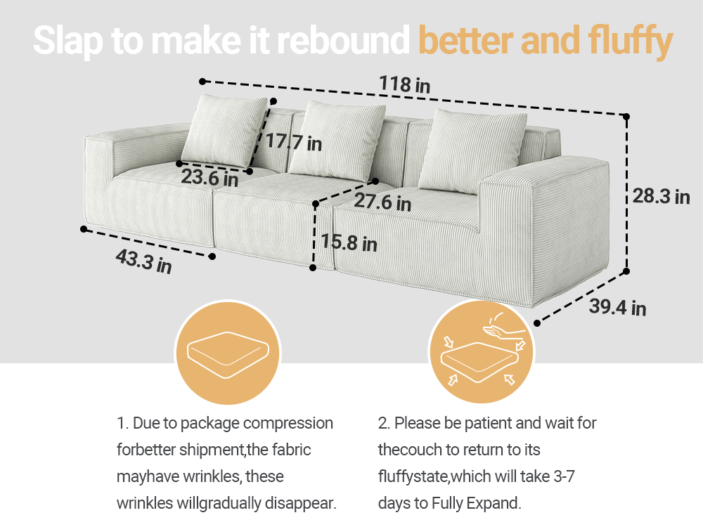 118-inch modular sofa can be converted into an oversized sofa bed Free conversion sofa set flexible configuration, soft corduroy cloud velvet fabric Three-person combination cream