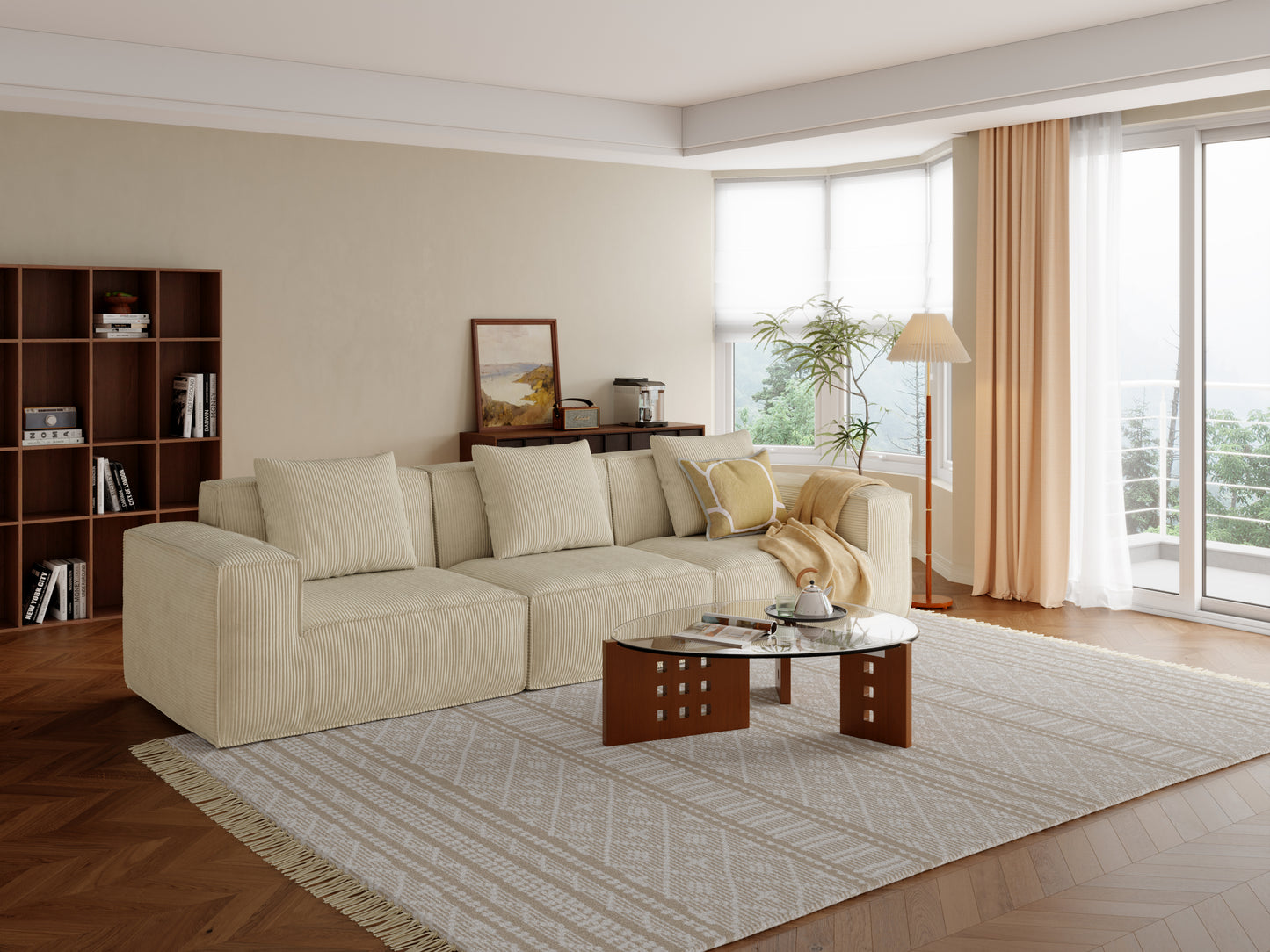 118-inch modular sofa can be converted into an oversized sofa bed Free conversion sofa set flexible configuration, soft corduroy cloud velvet fabric Three-person combination cream