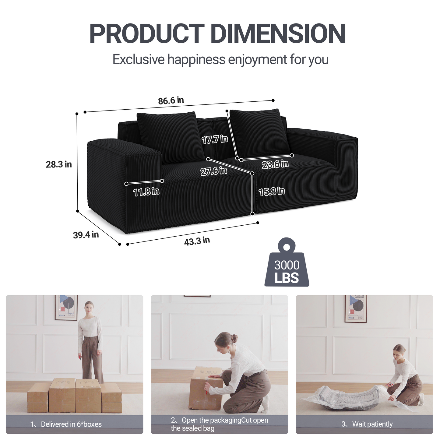 modular sofa can be converted into an oversized sofa bed Free conversion sofa set flexible configuration, soft corduroy cloud velvet fabric two person combination-black