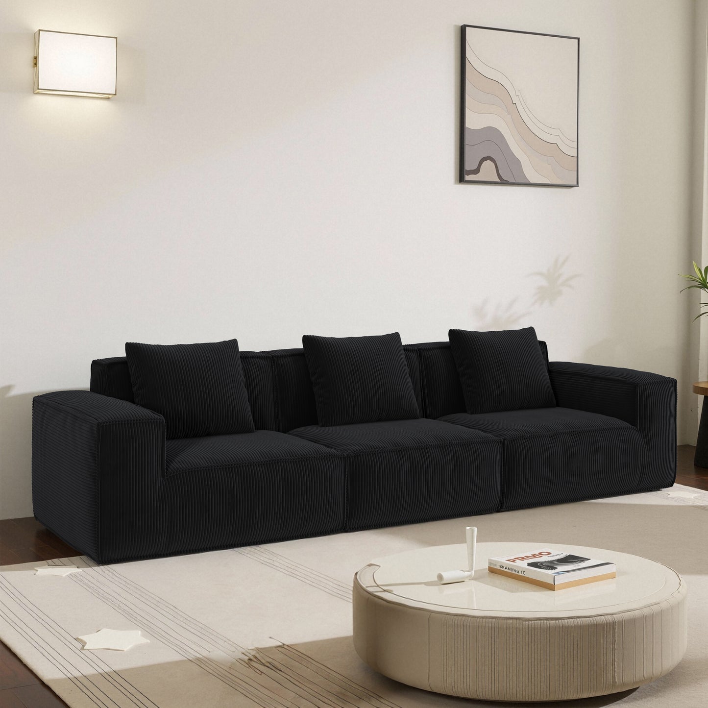 118-inch modular sofa can be converted into an oversized sofa bed Free conversion sofa set flexible configuration, soft corduroy cloud velvet fabric Three-person combination BLACK