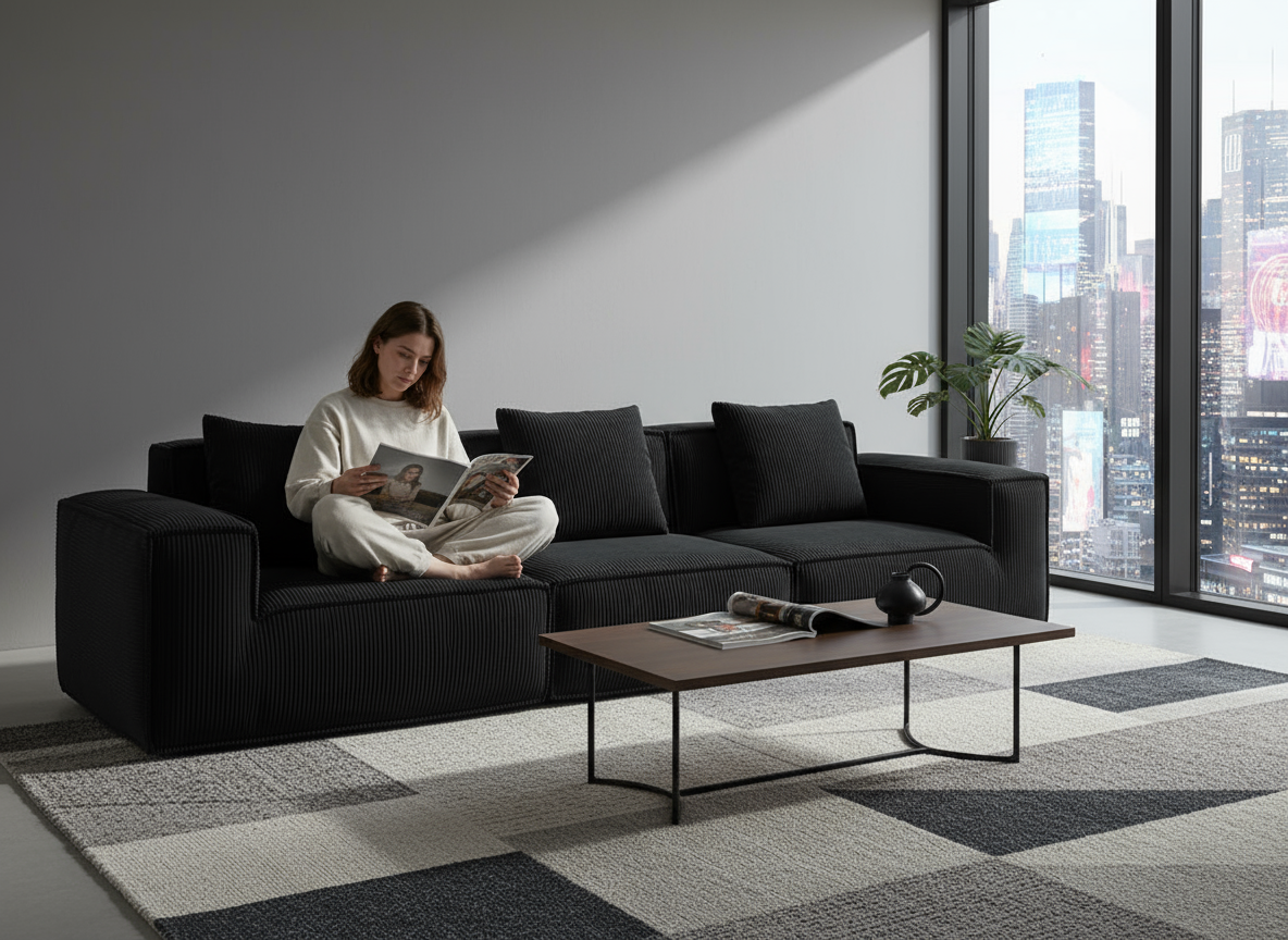 118-inch modular sofa can be converted into an oversized sofa bed Free conversion sofa set flexible configuration, soft corduroy cloud velvet fabric Three-person combination BLACK