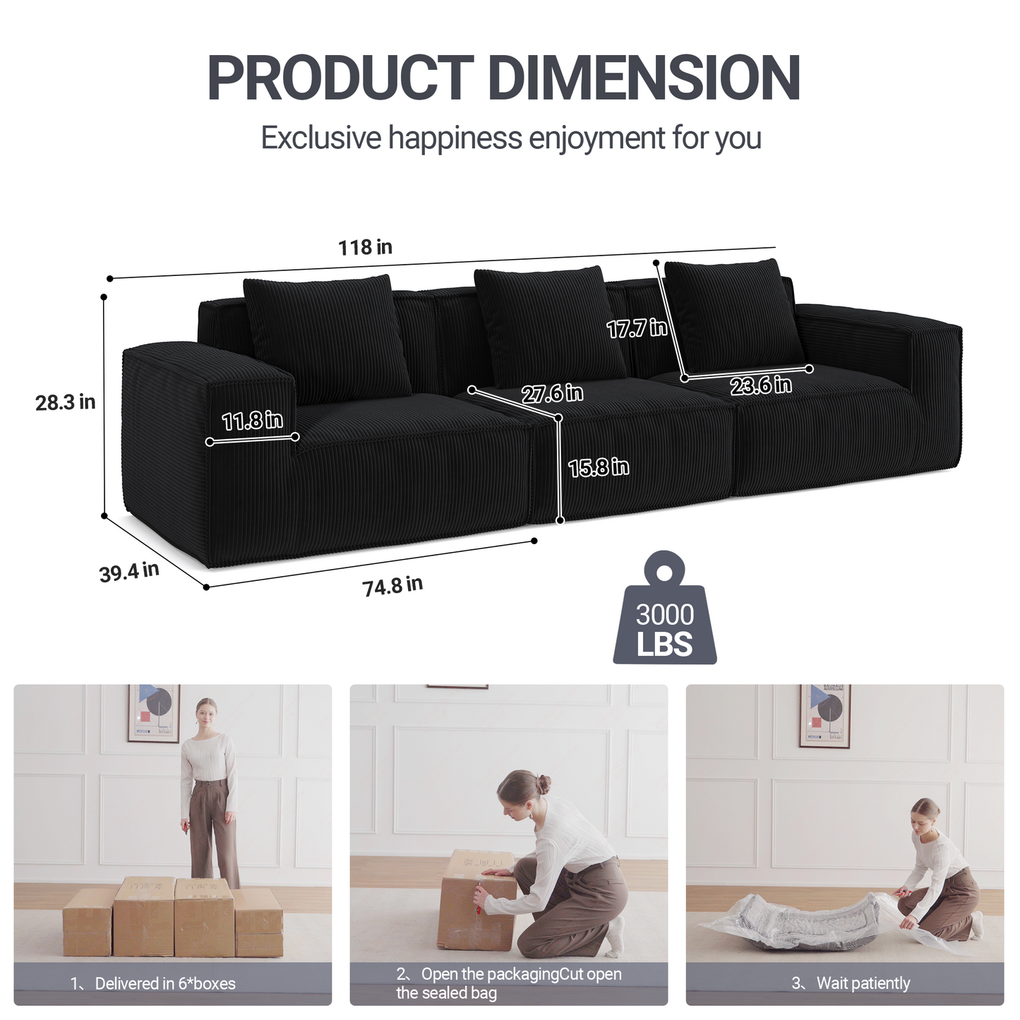 118-inch modular sofa can be converted into an oversized sofa bed Free conversion sofa set flexible configuration, soft corduroy cloud velvet fabric Three-person combination BLACK