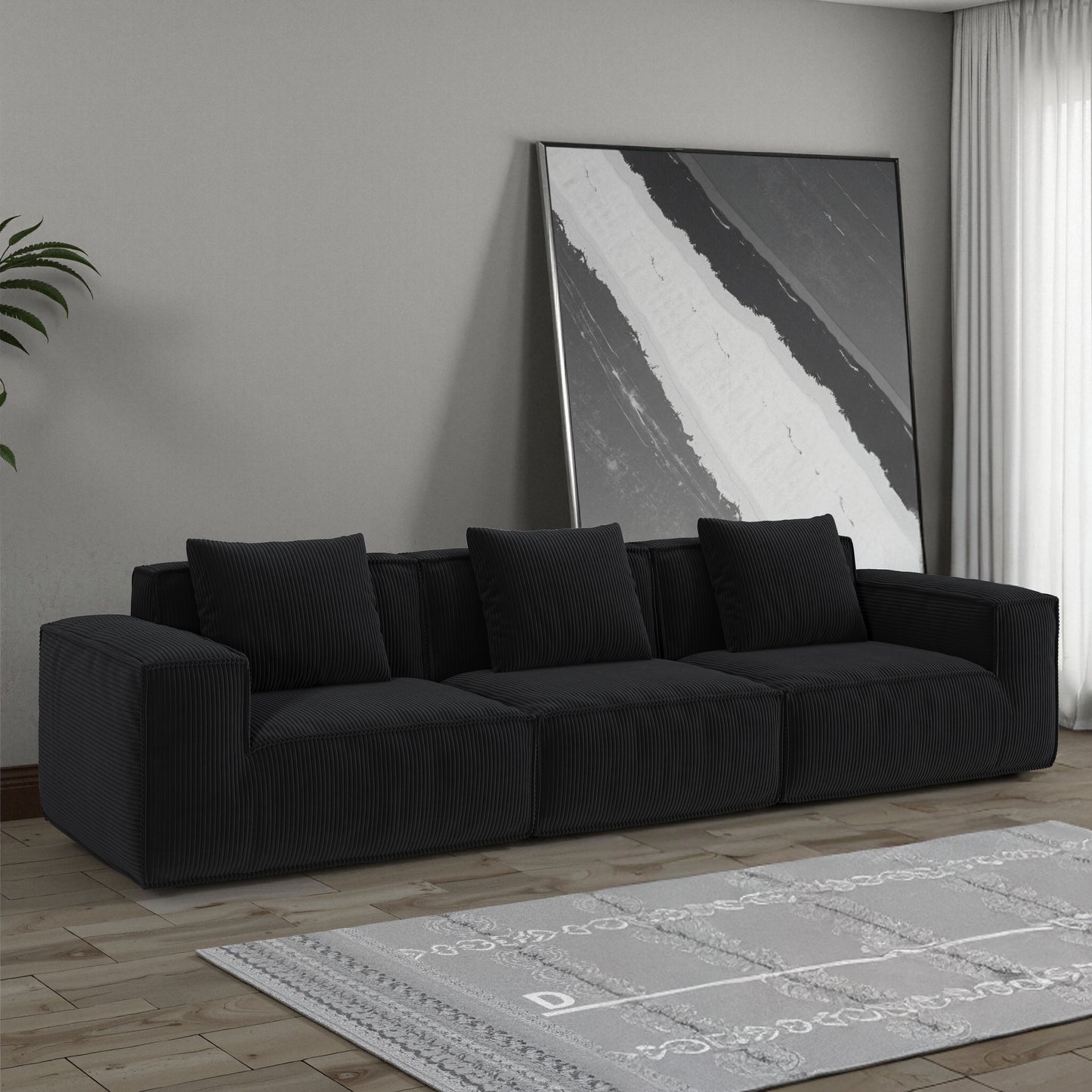118-inch modular sofa can be converted into an oversized sofa bed Free conversion sofa set flexible configuration, soft corduroy cloud velvet fabric Three-person combination BLACK