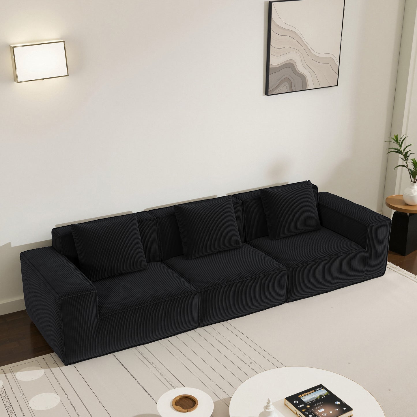 118-inch modular sofa can be converted into an oversized sofa bed Free conversion sofa set flexible configuration, soft corduroy cloud velvet fabric Three-person combination BLACK