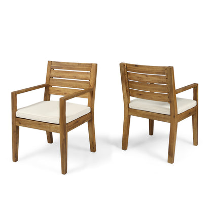 Outdoor Dining Chair Set of 2,Sandblast Natural Stained With Beige Cushion