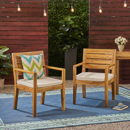 Outdoor Dining Chair Set of 2,Sandblast Natural Stained With Beige Cushion