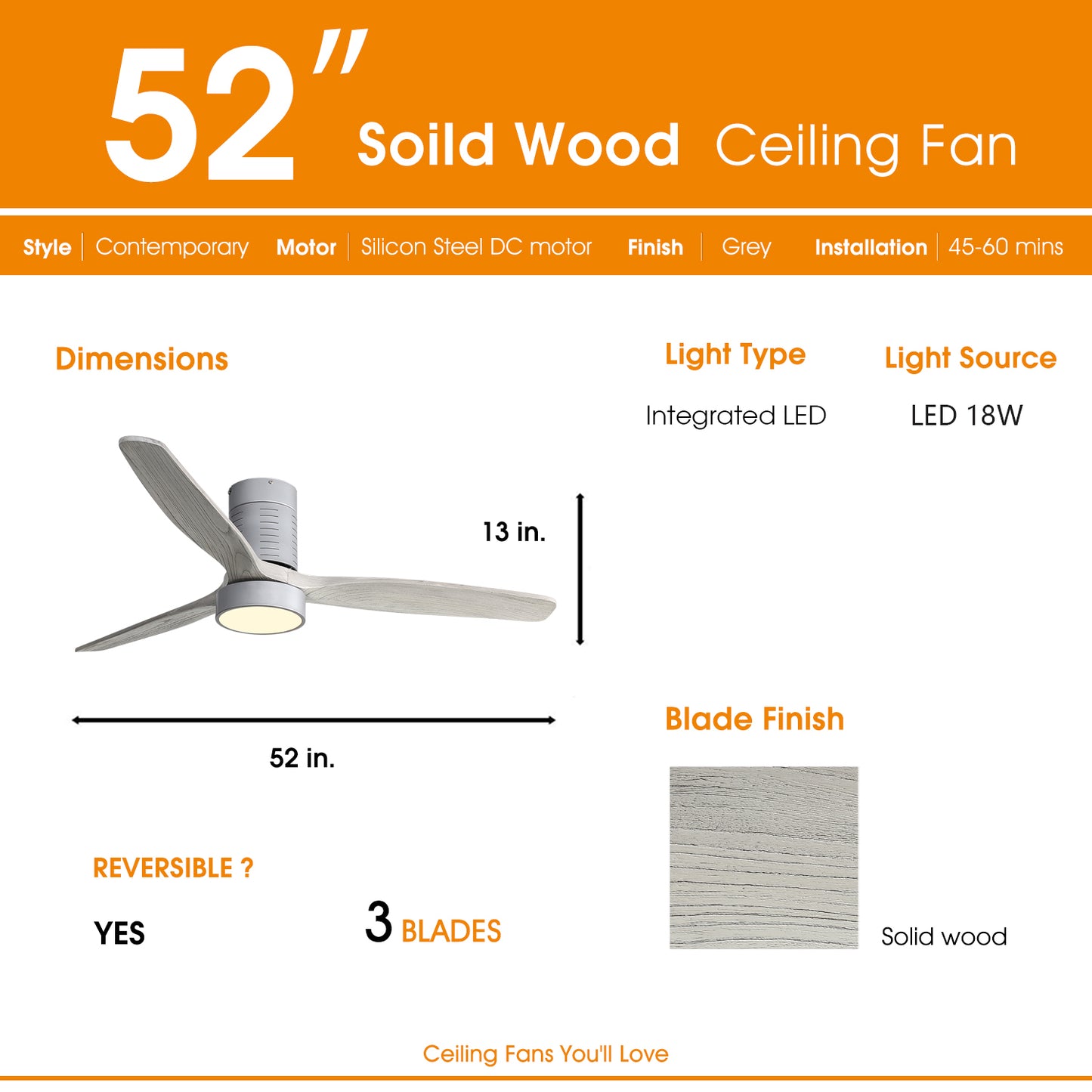 52 Inch 18W LED Ceiling Fan With Dimmable 6 Speed Remote Silver 3 Solid Wood Blade Reversible DC Motor For Living Room