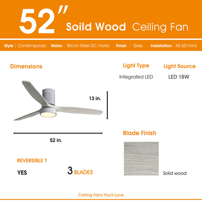 52 Inch 18W LED Ceiling Fan With Dimmable 6 Speed Remote Silver 3 Solid Wood Blade Reversible DC Motor For Living Room