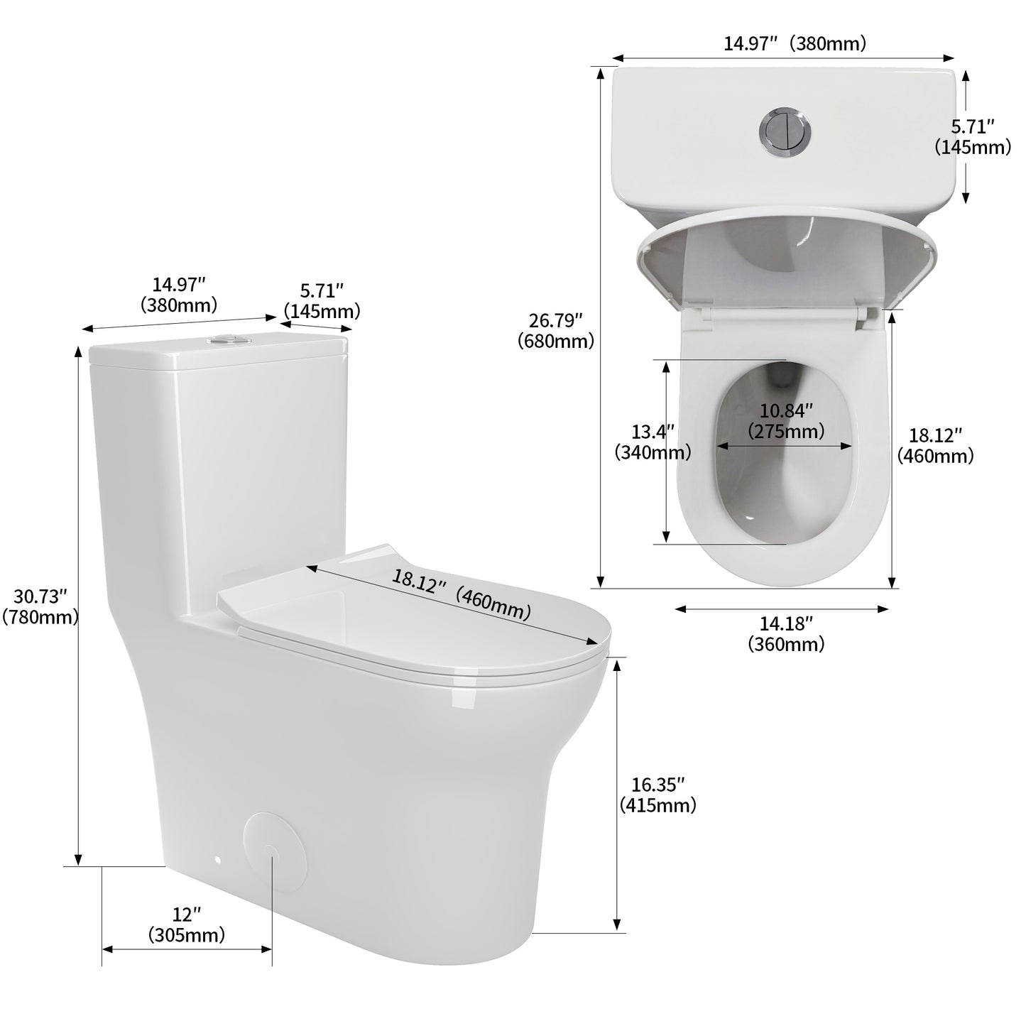 1.1/1.6 GPF Elongated Comfort Height Floor Mounted One-Piece Toilet, CUPC Certified, WaterSense Cetified, Ceramic, White Color, Soft Close Seat