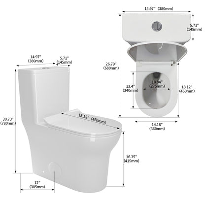 1.1/1.6 GPF Elongated Comfort Height Floor Mounted One-Piece Toilet, CUPC Certified, WaterSense Cetified, Ceramic, White Color, Soft Close Seat