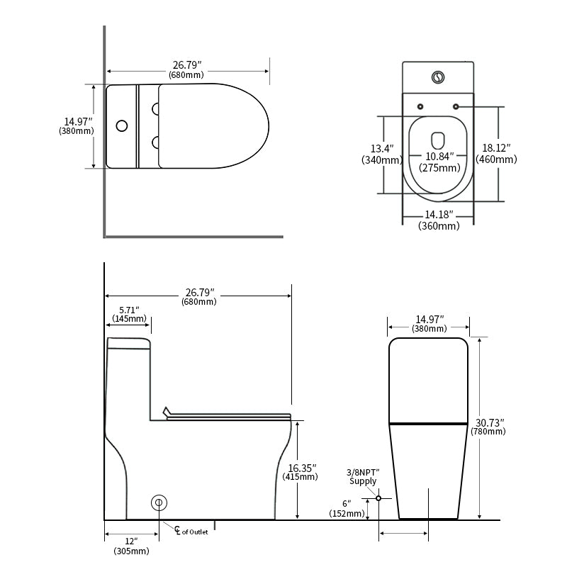 1.1/1.6 GPF Elongated Comfort Height Floor Mounted One-Piece Toilet, CUPC Certified, WaterSense Cetified, Ceramic, White Color, Soft Close Seat