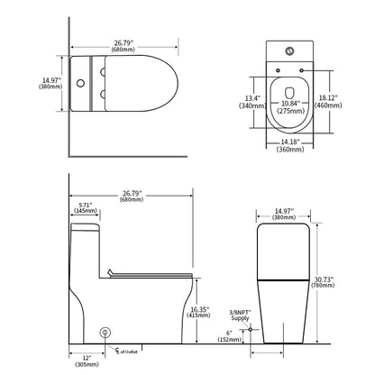 1.1/1.6 GPF Elongated Comfort Height Floor Mounted One-Piece Toilet, CUPC Certified, WaterSense Cetified, Ceramic, White Color, Soft Close Seat