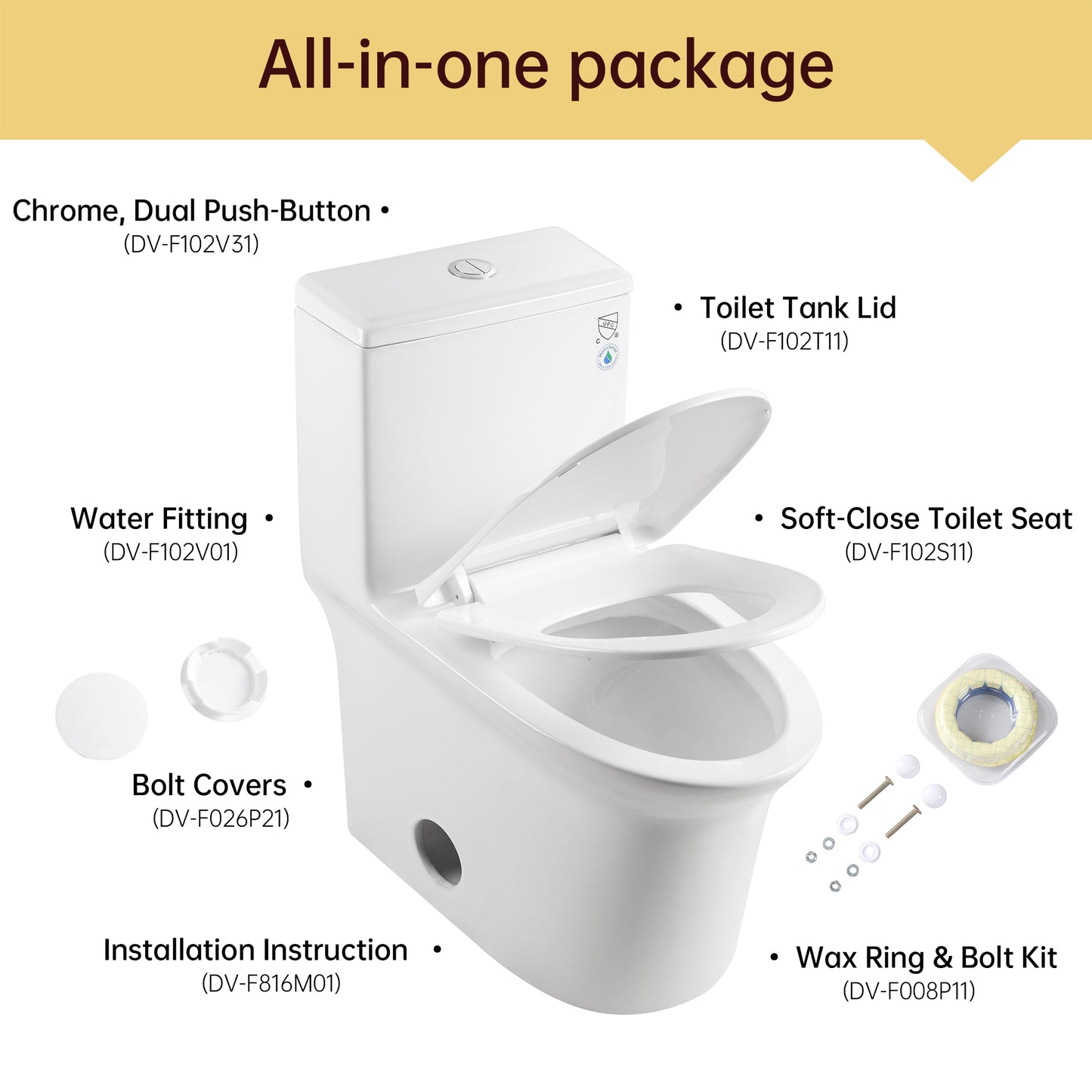 1.1/1.6 GPF Elongated Comfort Height Super Quite Flushing Floor Mounted One-Piece Toilet, CUPC Certified, WaterSense Cetified, Ceramic, White Color, Soft Close Seat