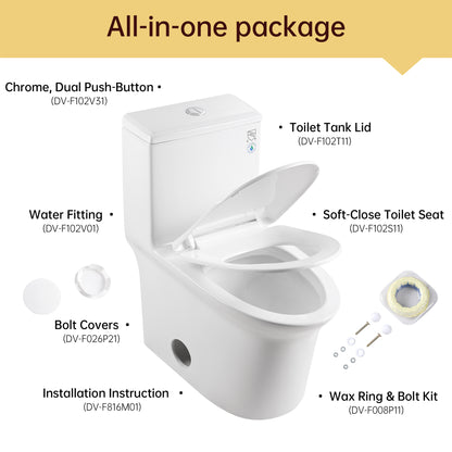 1.1/1.6 GPF Elongated Comfort Height Super Quite Flushing Floor Mounted One-Piece Toilet, CUPC Certified, WaterSense Cetified, Ceramic, White Color, Soft Close Seat