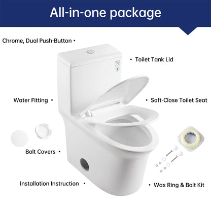 1.1/1.6 GPF Elongated Comfort Height Super Quite Flushing Floor Mounted One-Piece Toilet, CUPC Certified, WaterSense Cetified, Ceramic, White Color, Soft Close Seat