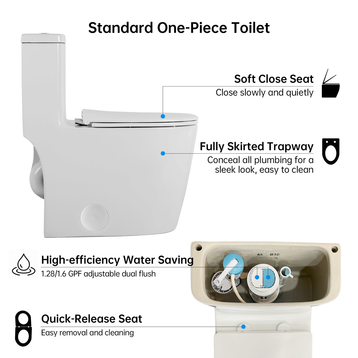 1.1/1.6 GPF Elongated Comfort Height Floor Mounted One-Piece Toilet , CUPC Certified, WaterSense Cetified, Ceramic, White Color, Soft Close Seat
