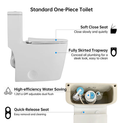 1.1/1.6 GPF Elongated Comfort Height Floor Mounted One-Piece Toilet , CUPC Certified, WaterSense Cetified, Ceramic, White Color, Soft Close Seat