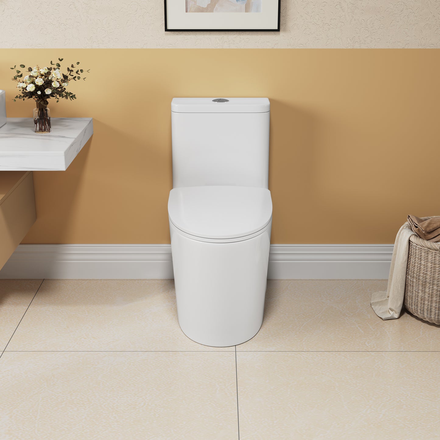 1.1/1.6 GPF Elongated Comfort Height Floor Mounted One-Piece Toilet , CUPC Certified, WaterSense Cetified, Ceramic, White Color, Soft Close Seat
