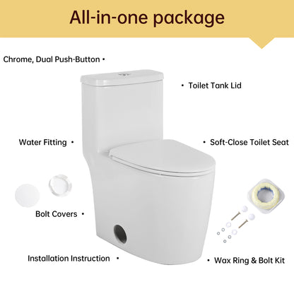 1.1/1.6 GPF Elongated Comfort Height Floor Mounted One-Piece Toilet , CUPC Certified, WaterSense Cetified, Ceramic, White Color, Soft Close Seat