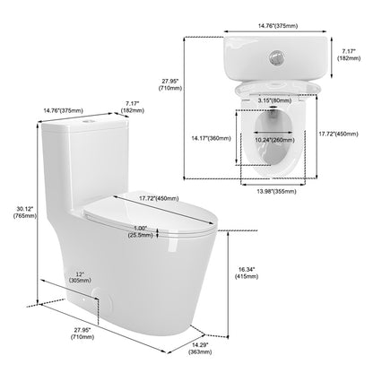 1.1/1.6 GPF Elongated Comfort Height Floor Mounted One-Piece Toilet , CUPC Certified, WaterSense Cetified, Ceramic, White Color, Soft Close Seat
