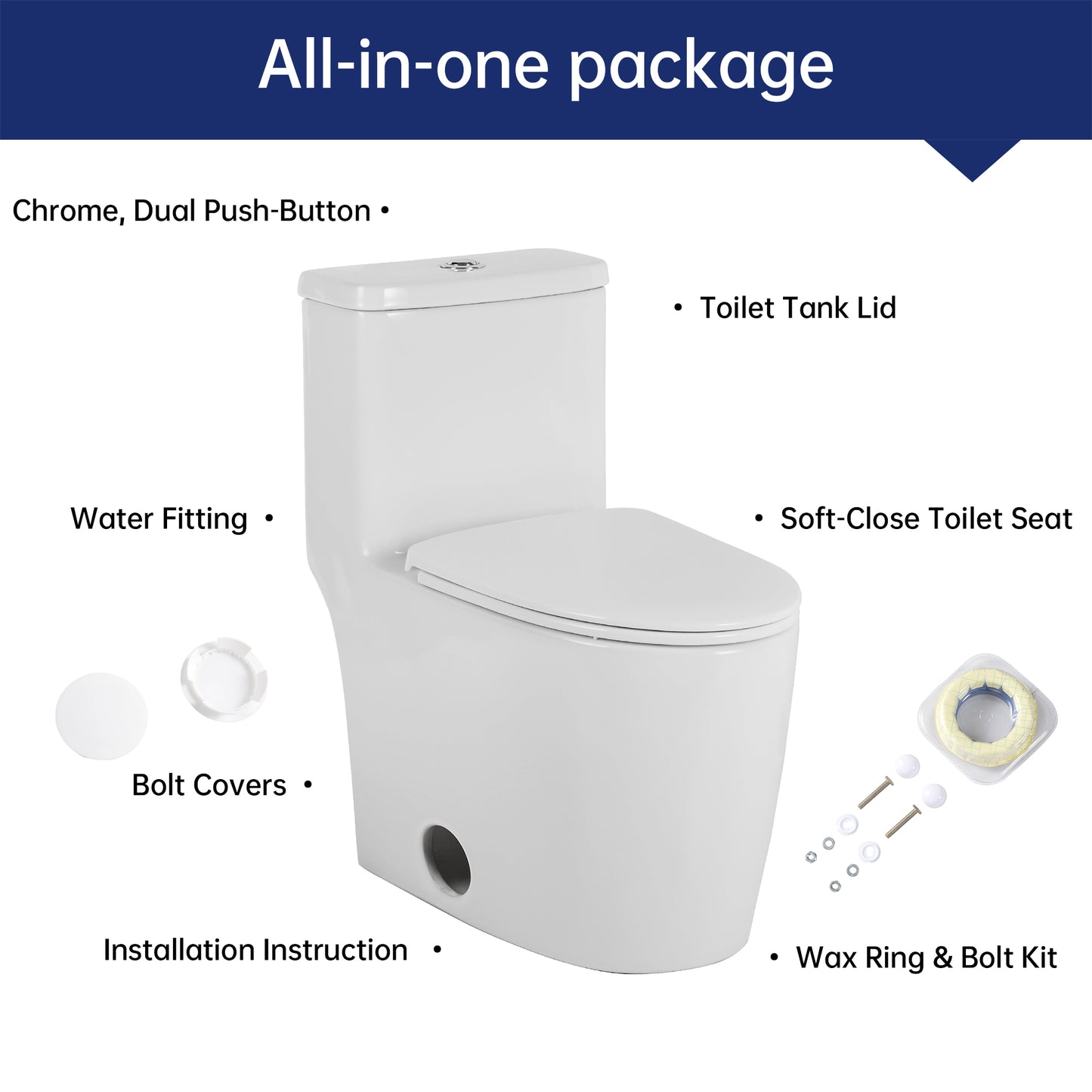 1.1/1.6 GPF Elongated Comfort Height Floor Mounted One-Piece Toilet , CUPC Certified, WaterSense Cetified, Ceramic, White Color, Soft Close Seat