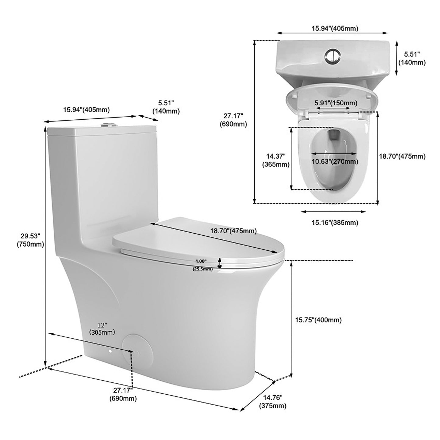 1.1/1.6 GPF Elongated Comfort Height Floor Mounted One-Piece Toilet, CUPC Certified, WaterSense Cetified, Ceramic, White Color, Soft Close Seat