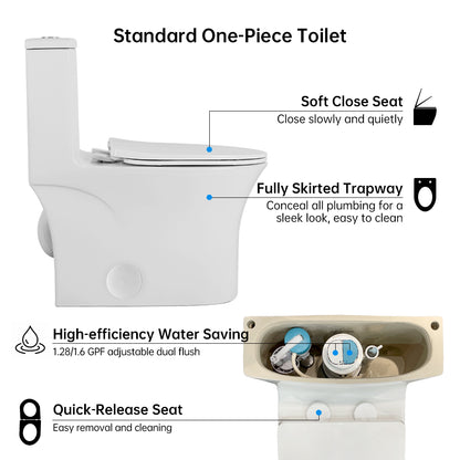 1.1/1.6 GPF Elongated Comfort Height Floor Mounted One-Piece Toilet, CUPC Certified, WaterSense Cetified, Ceramic, White Color, Soft Close Seat