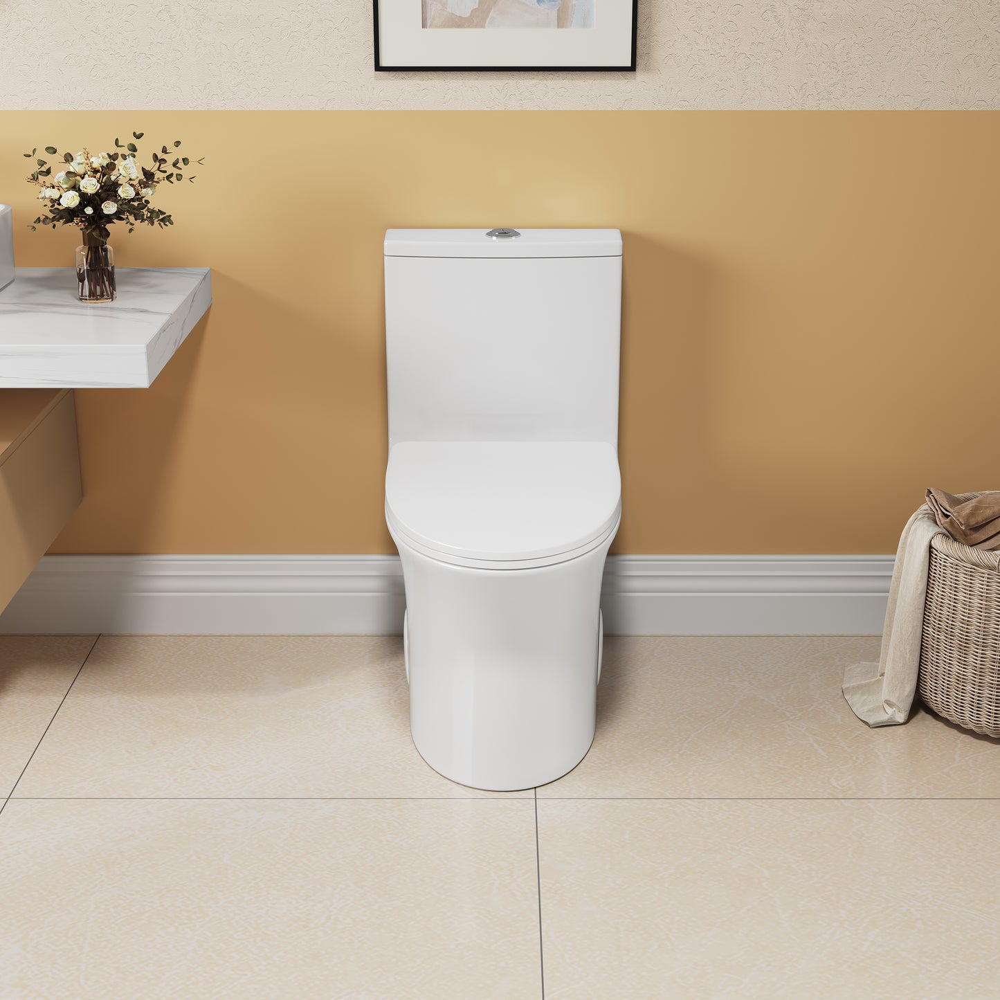 1.1/1.6 GPF Elongated Comfort Height Floor Mounted One-Piece Toilet, CUPC Certified, WaterSense Cetified, Ceramic, White Color, Soft Close Seat