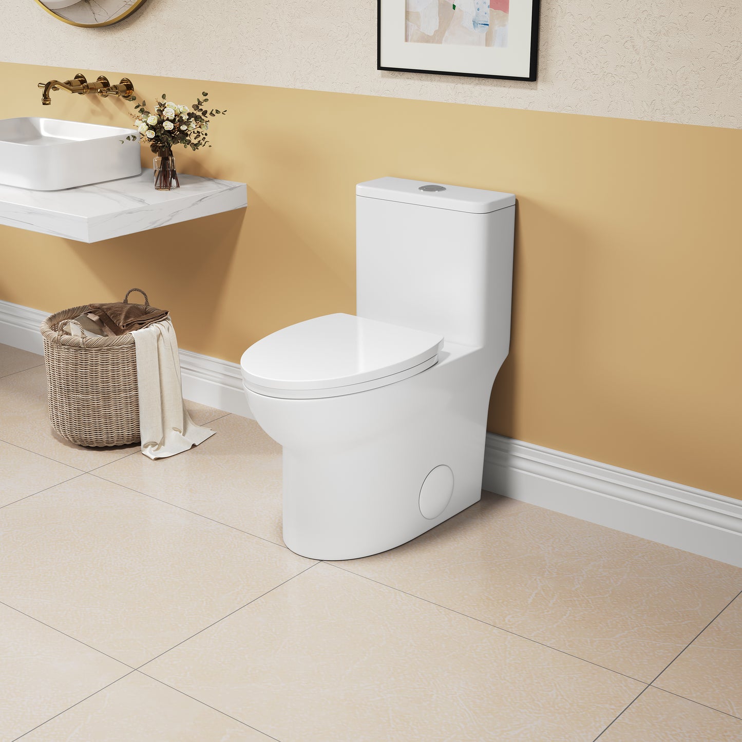 1.1/1.6 GPF Elongated Comfort Height Floor Mounted One-Piece Toilet, CUPC Certified, WaterSense Cetified, Ceramic, White Color, Soft Close Seat