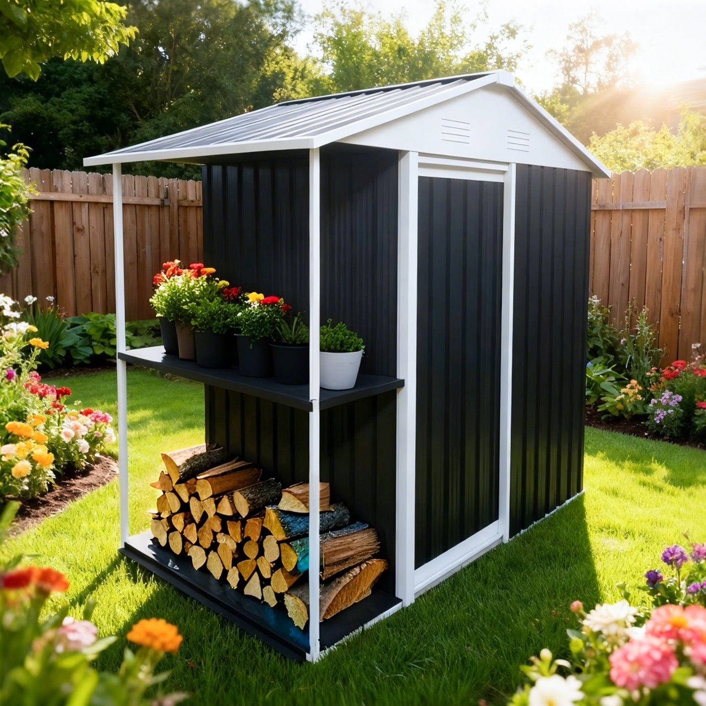 6 x 4 FT Outdoor Storage Shed with Rack Metal Garden Shed with Storage Shelves Bike Storage Tool Cabinet Box for Lawn Backyard Patio Use