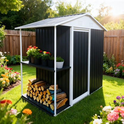 6 x 4 FT Outdoor Storage Shed with Rack Metal Garden Shed with Storage Shelves Bike Storage Tool Cabinet Box for Lawn Backyard Patio Use