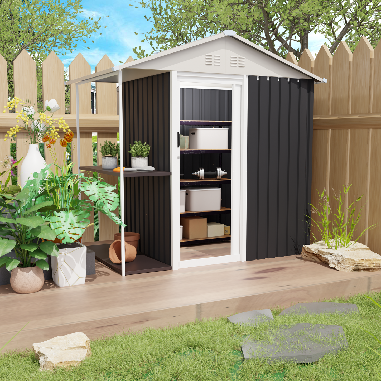 6 x 4 FT Outdoor Storage Shed with Rack Metal Garden Shed with Storage Shelves Bike Storage Tool Cabinet Box for Lawn Backyard Patio Use