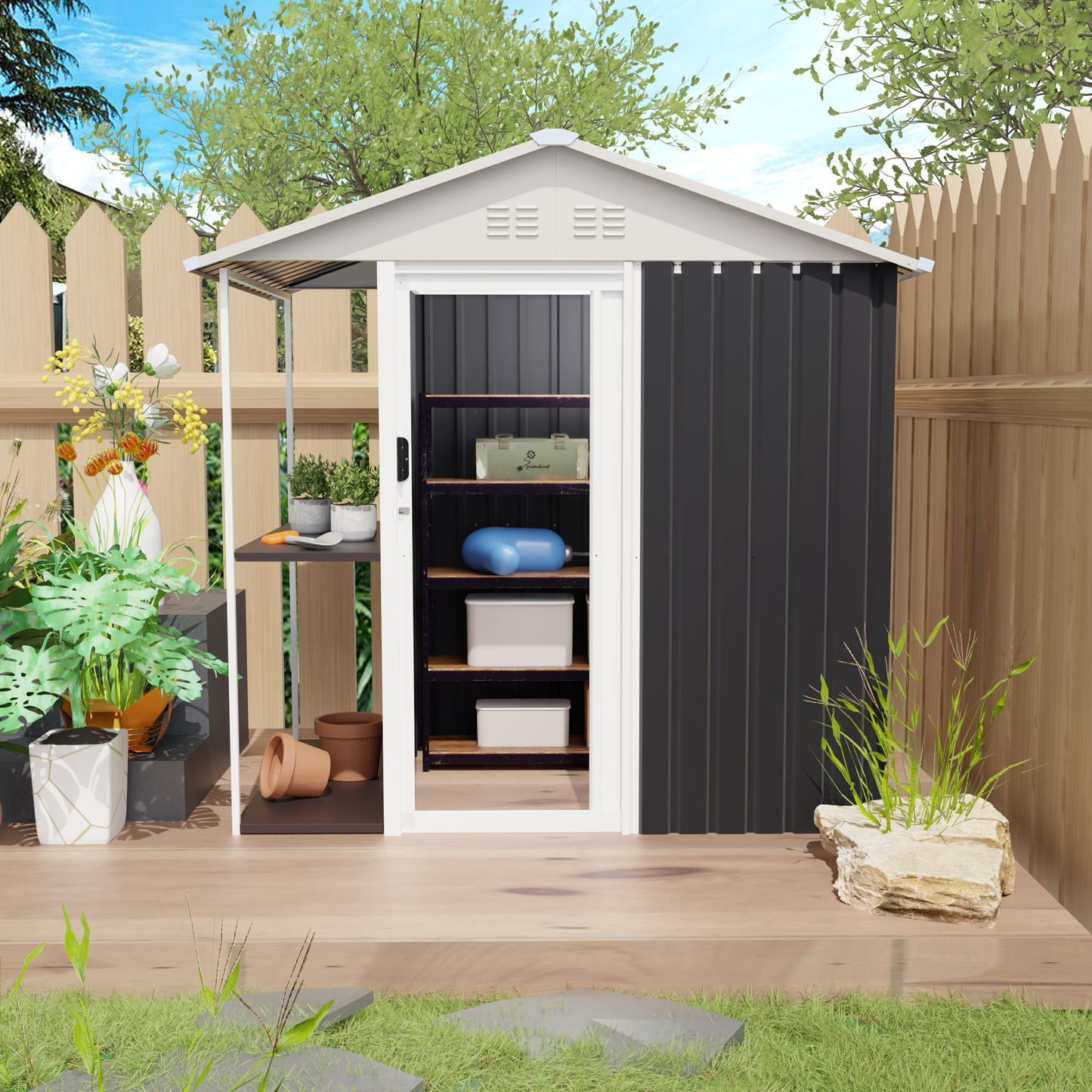 6 x 4 FT Outdoor Storage Shed with Rack Metal Garden Shed with Storage Shelves Bike Storage Tool Cabinet Box for Lawn Backyard Patio Use
