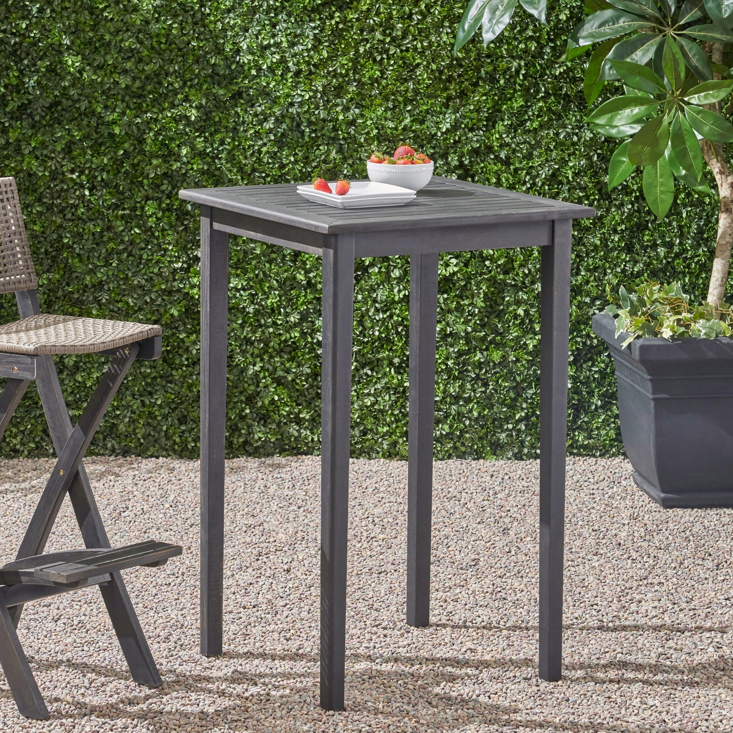 Outdoor Minimalist Acacia Wood Square Bar Table - Dark Gray