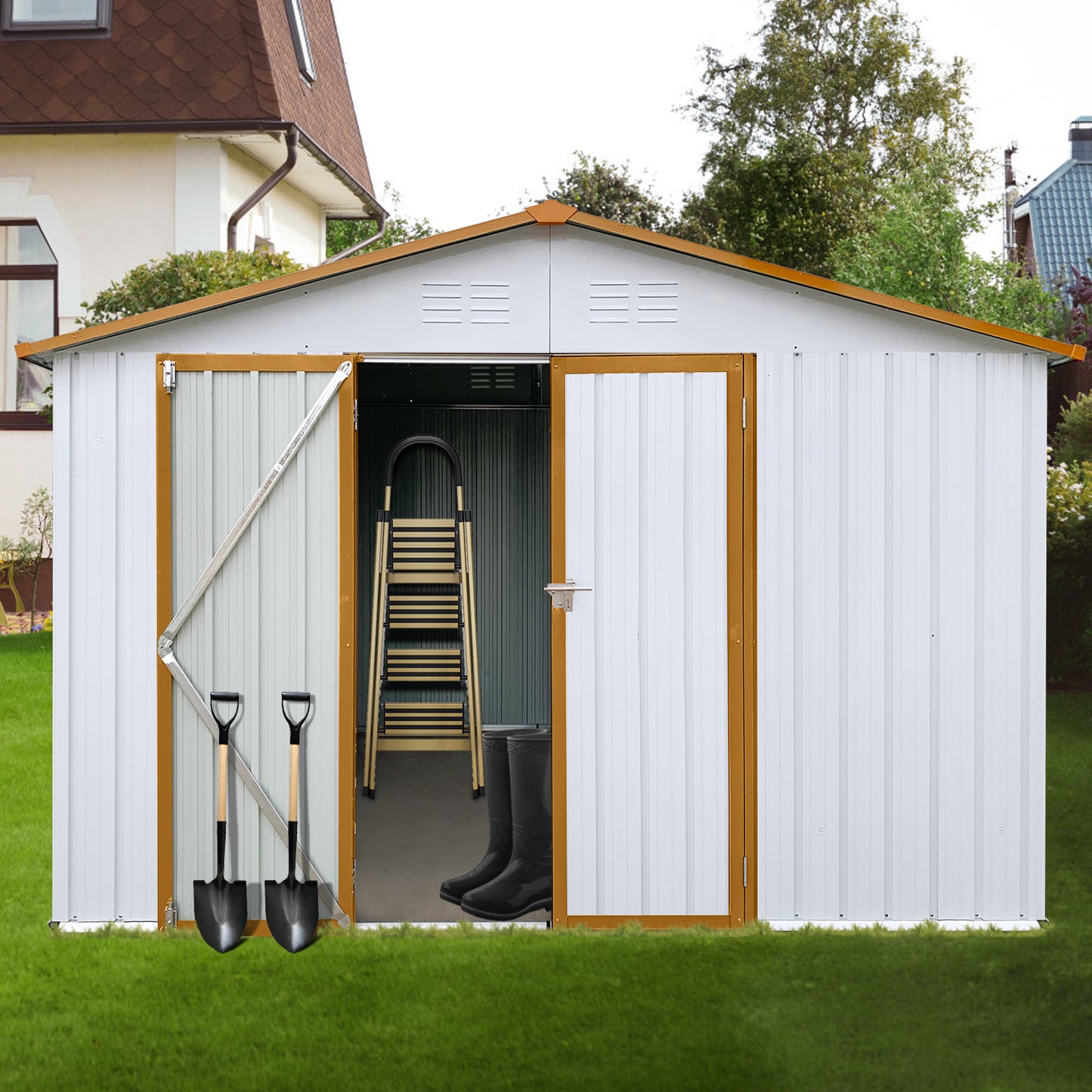 Metal garden sheds 10ftx12ft outdoor storage sheds White+Yellow