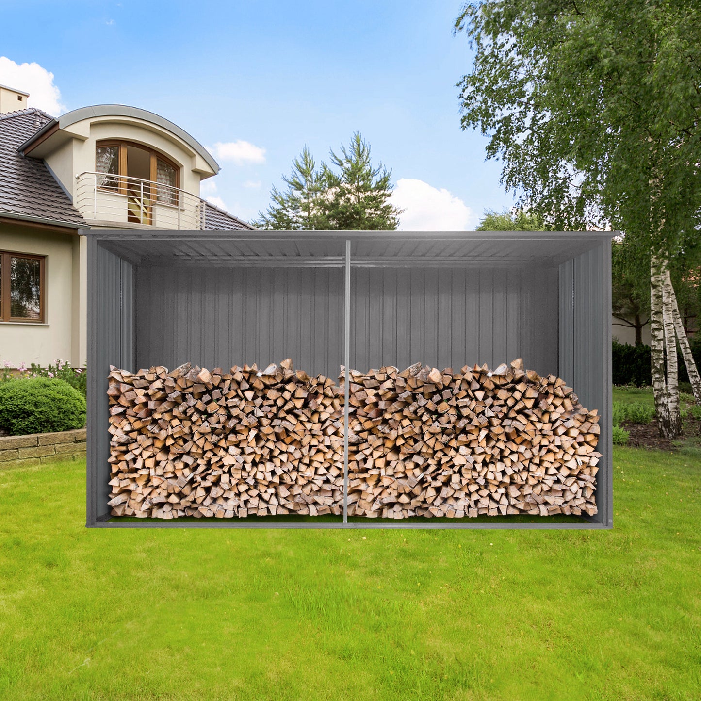 New Outdoor Storage Shed Has Two Functions: Metal Shed And Firewood Shed 13 ft×11 ft , More Suitable For Winter , Grey