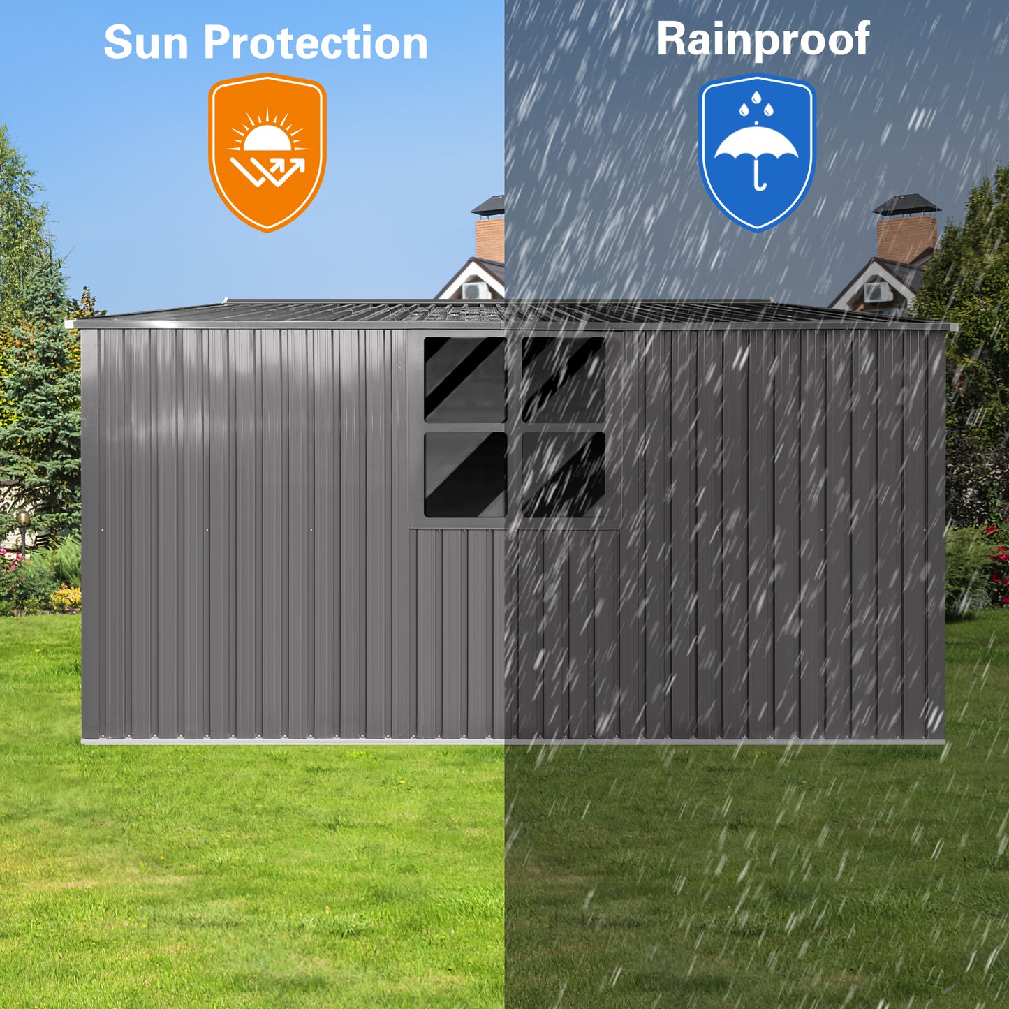 New Outdoor Storage Shed Has Two Functions:Metal Shed And Firewood Shed 14 ft x 12 ft, More Suitable For Winter , Grey