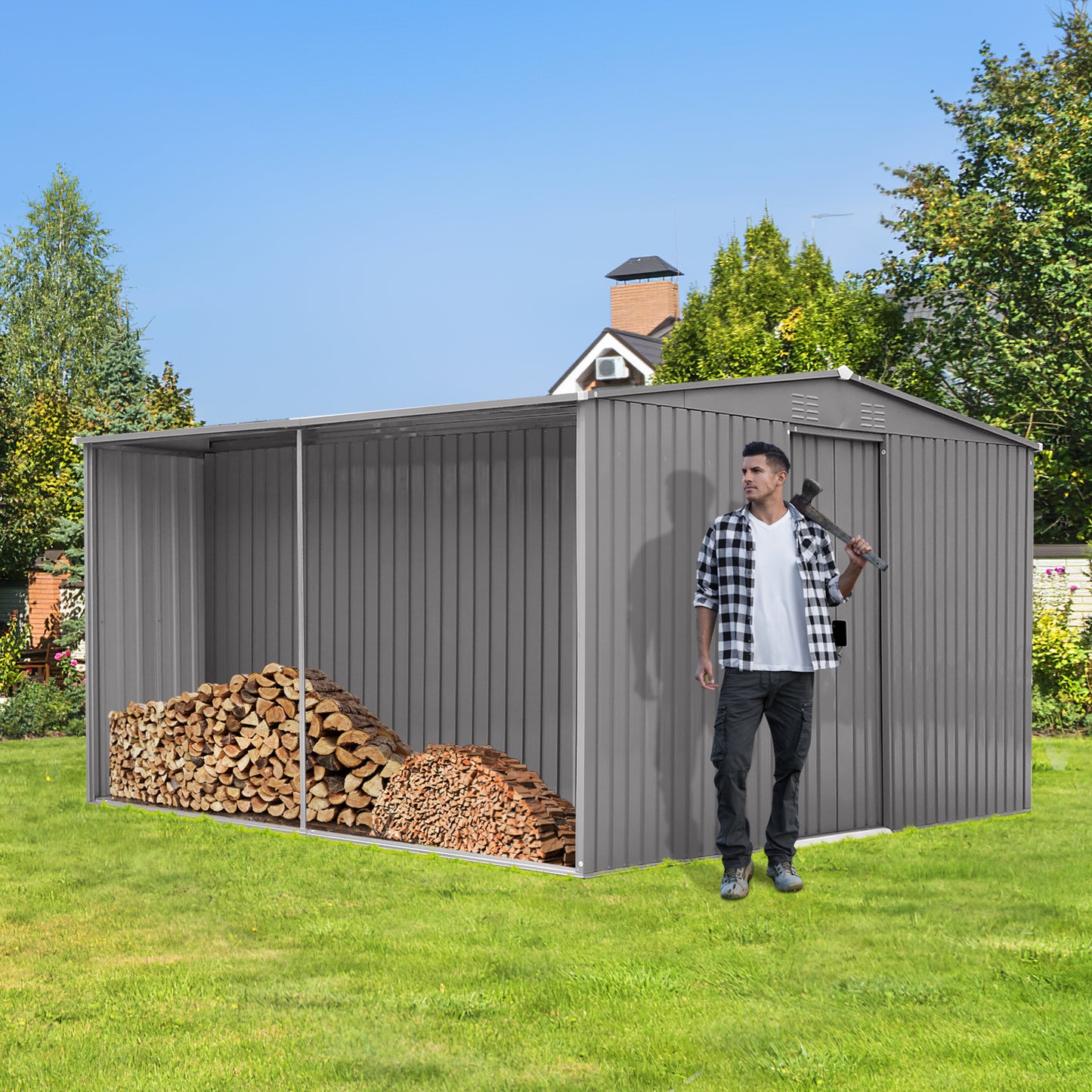 New Outdoor Storage Shed Has Two Functions:Metal Shed And Firewood Shed 14 ft x 12 ft, More Suitable For Winter , Grey
