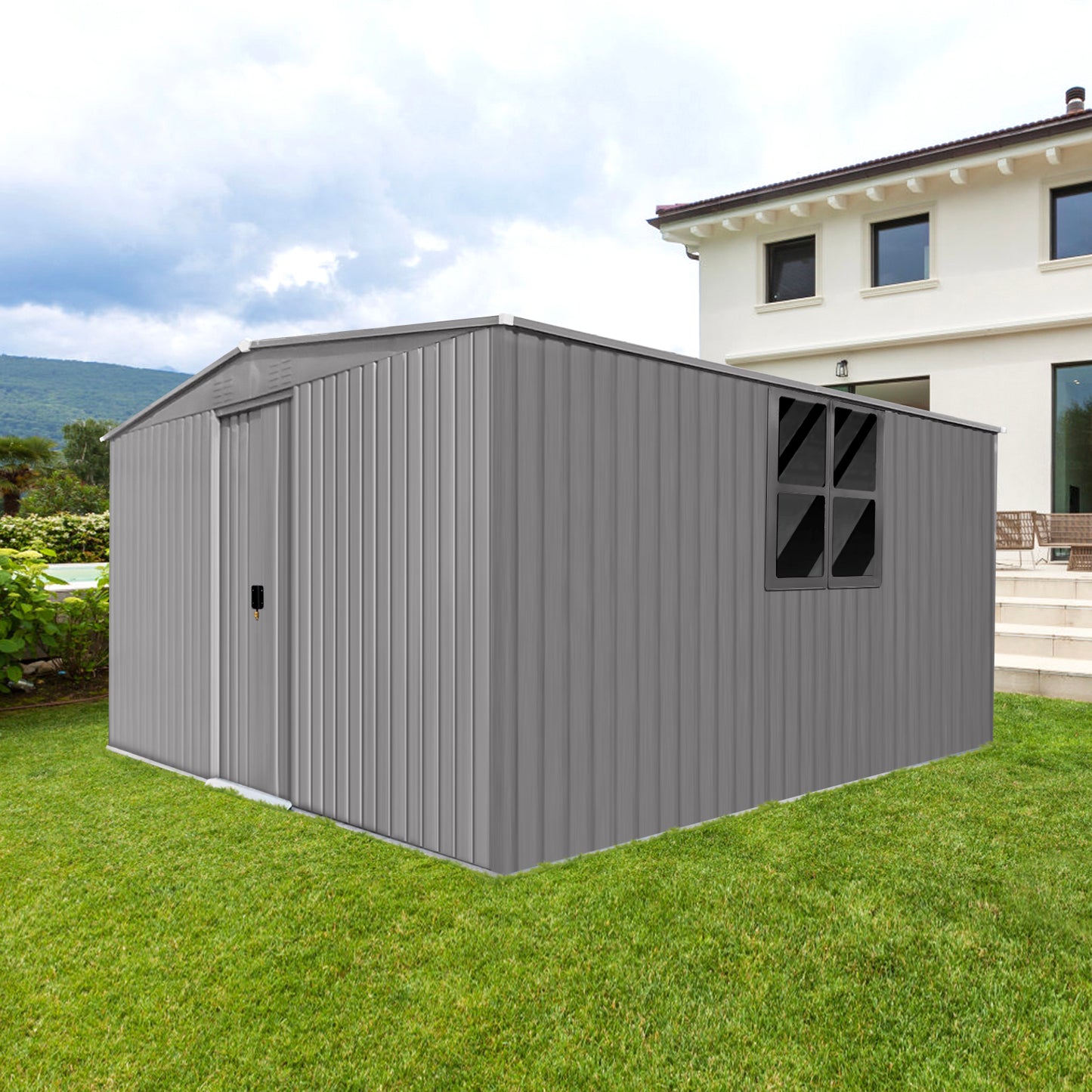 New Outdoor Storage Shed Has Two Functions:Metal Shed And Firewood Shed 14 ft x 12 ft, More Suitable For Winter , Grey